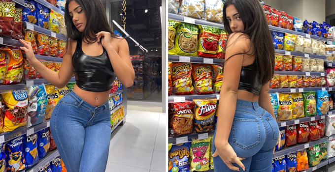 Melissa has her blɑck top and super tight jeans showcased her enviable figure, turning the grocery aisle into a runway