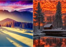 Captivating Contrast: A Fiery Sky Meets Sparkling Snow in a Magical Moment