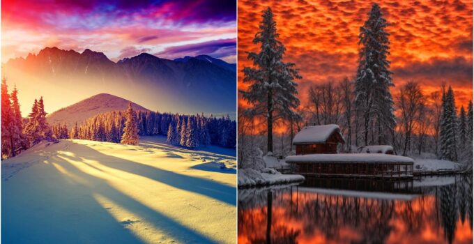 Captivating Contrast: A Fiery Sky Meets Sparkling Snow in a Magical Moment